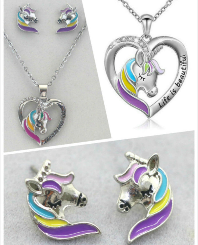 Unicorn earrings pendant necklace set