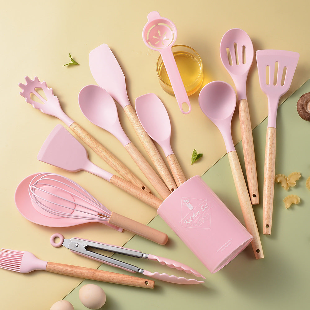 Wooden handle silicone kitchen utensils 14-piece set