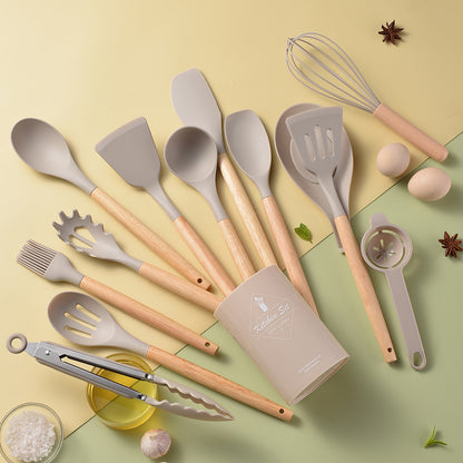 Wooden handle silicone kitchen utensils 14-piece set