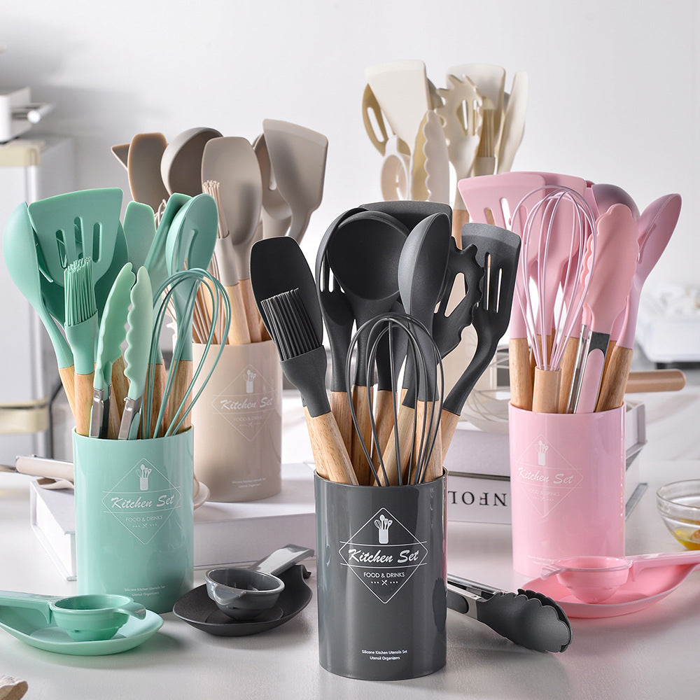 Wooden handle silicone kitchen utensils 14-piece set