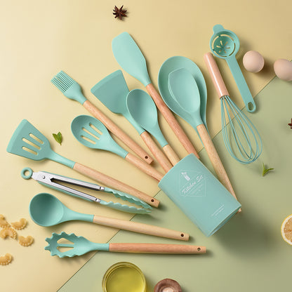 Wooden handle silicone kitchen utensils 14-piece set