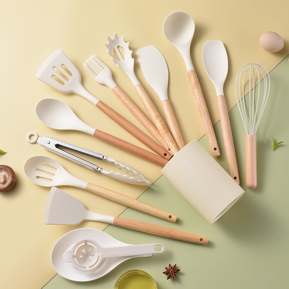 Wooden handle silicone kitchen utensils 14-piece set