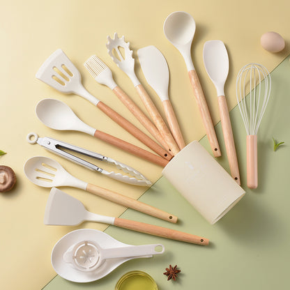 Wooden handle silicone kitchen utensils 14-piece set